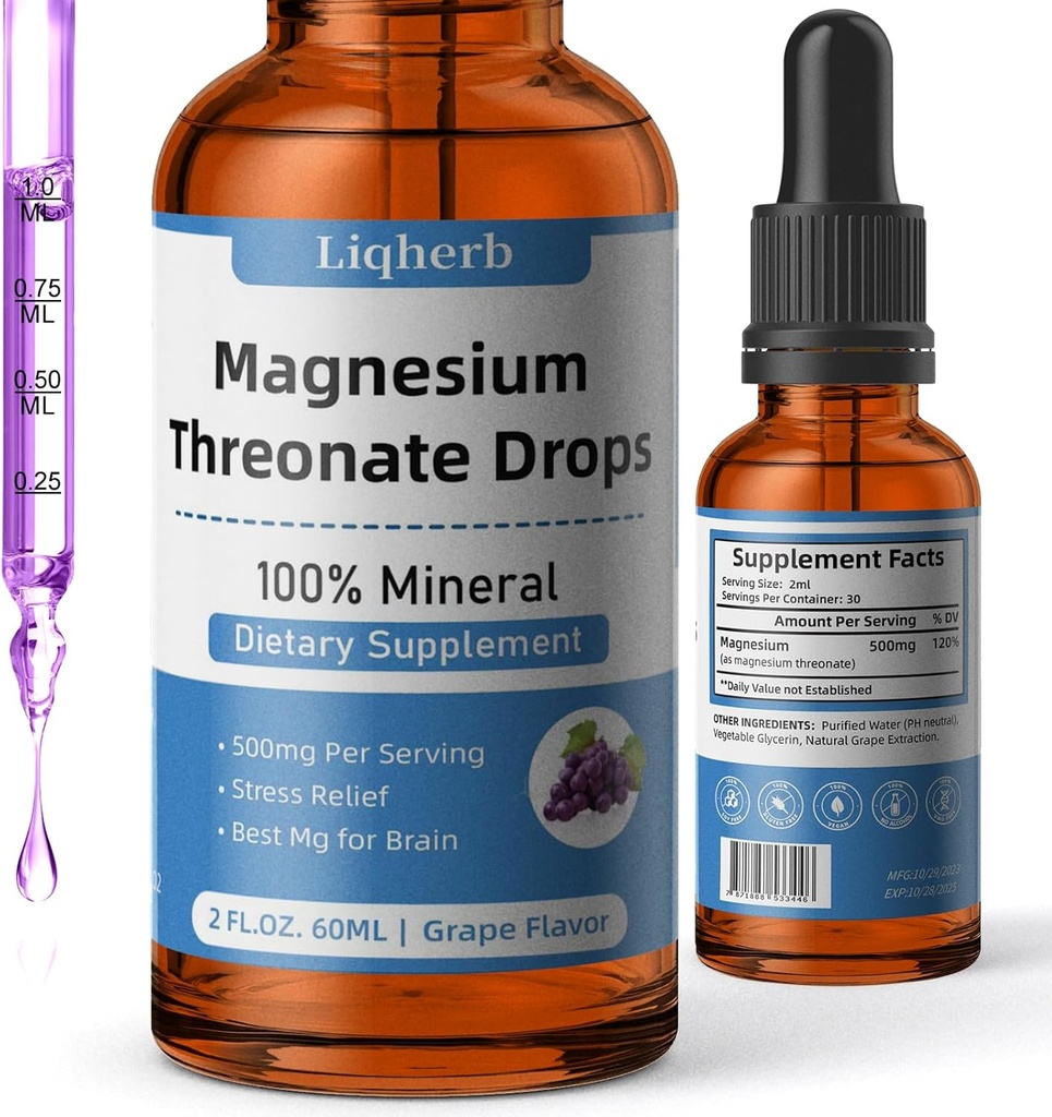 Magnesium Threonate Liquid 500mg, para Adultos &Kids, Base de glicerina vegetal con mejor disuelve, mejor Mg para la salud cerebral, estrés &amp; alivio muscular, salud nerviosa, no GMO, libre de gluten, Vegan, 2 FL.OZ.