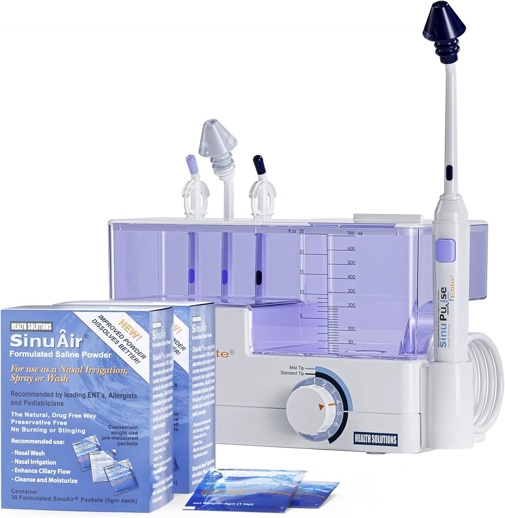 SinuPulse Elite Advanced Nasal Irrigation System - Pulsating Sinus Congestion Relief & Sinus Rinse Machine, More Effective Than Neti Pot, Nose Spray o Nasal Wash Bottle, con 90 SinuAir Packets