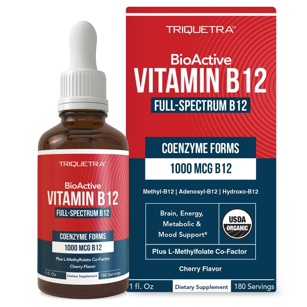 BioActive Vitamin B12 1000 mcg ANTE Contiene 3 BioActive Forms B12 Plus Methylfolate Cofactor - Methyl B12, Adenosyl B12 & Hydroxy B12 ANTE Sublingual Form, Cherry Flavor, Organic, Vegan (180 Servings)