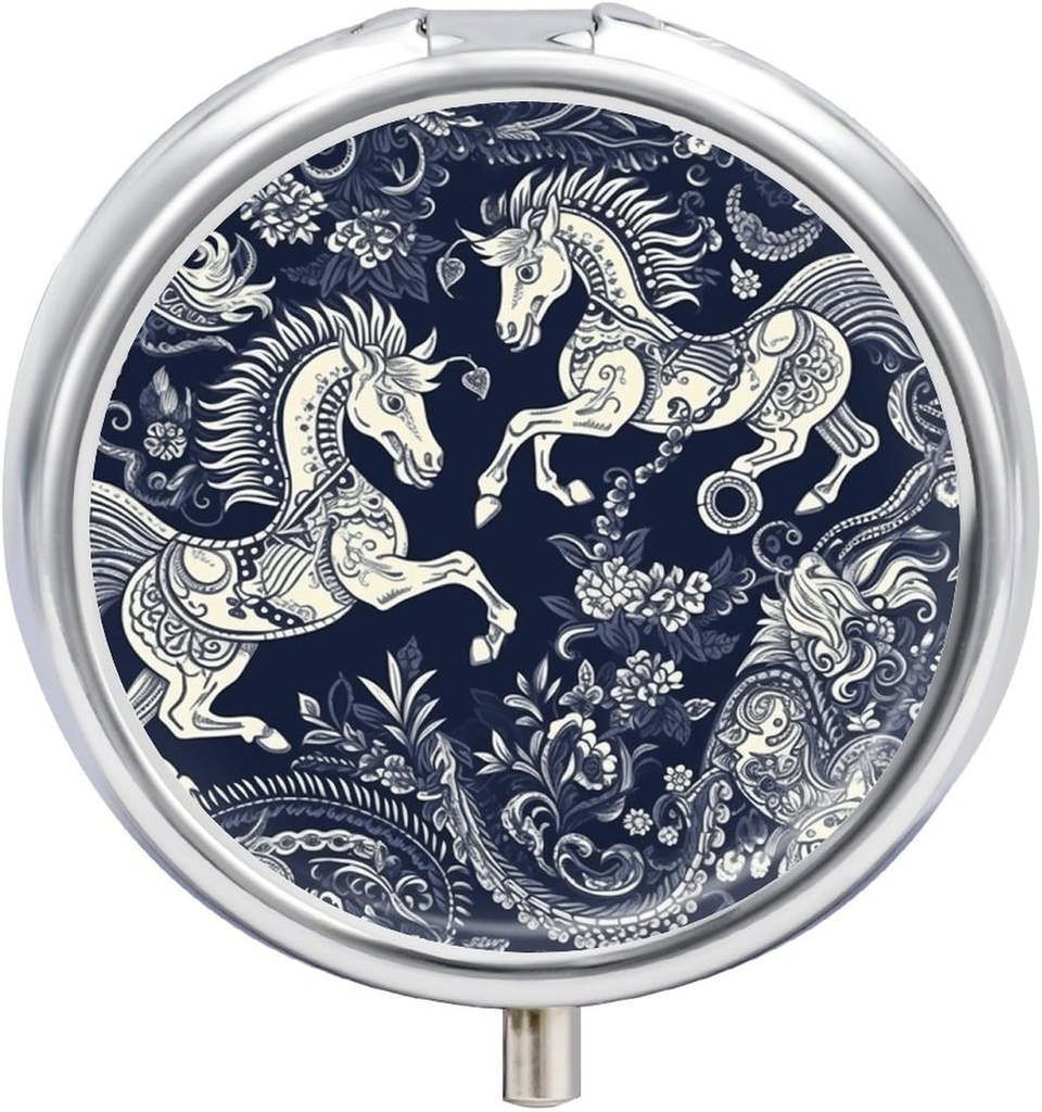 Caja de Píldora redonda Patrón de Caballo chino Imprimido 3 Compartimiento Caja de Píldora de Píldoras portátiles para mantener suplementos Vitaminas Petróleo de pescado Medicación