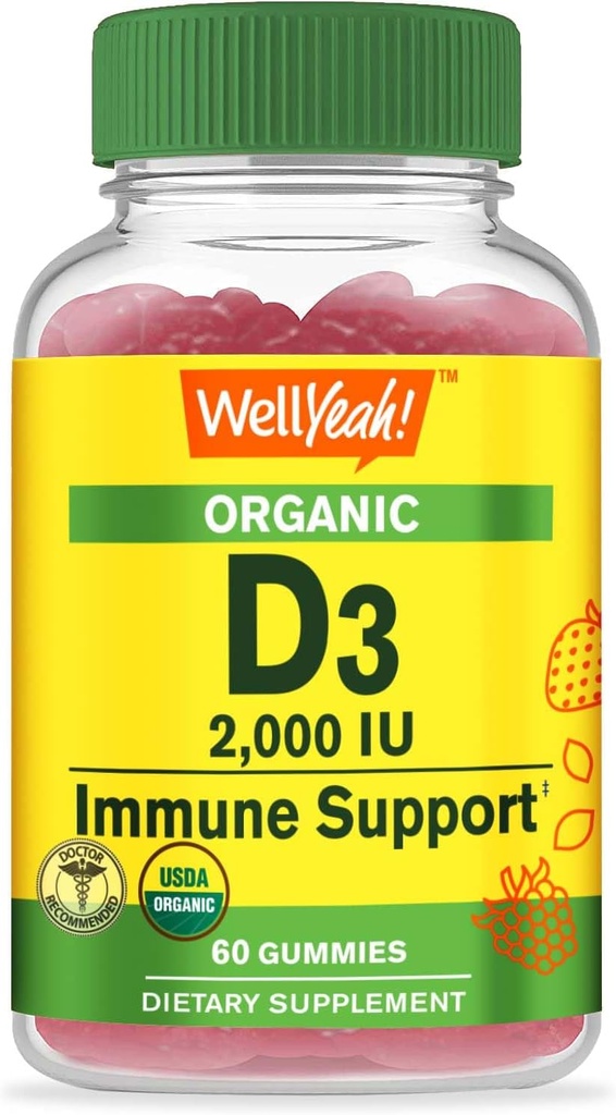 WellSí Vitamina Orgánica D3 2,000 UI (50 mcg) Gummies - Soportes Bono, Fuerza muscular e inmunidad - No GMO, Gluten Gratis - USDA Organic - Natural Flavors - 60 Gummies