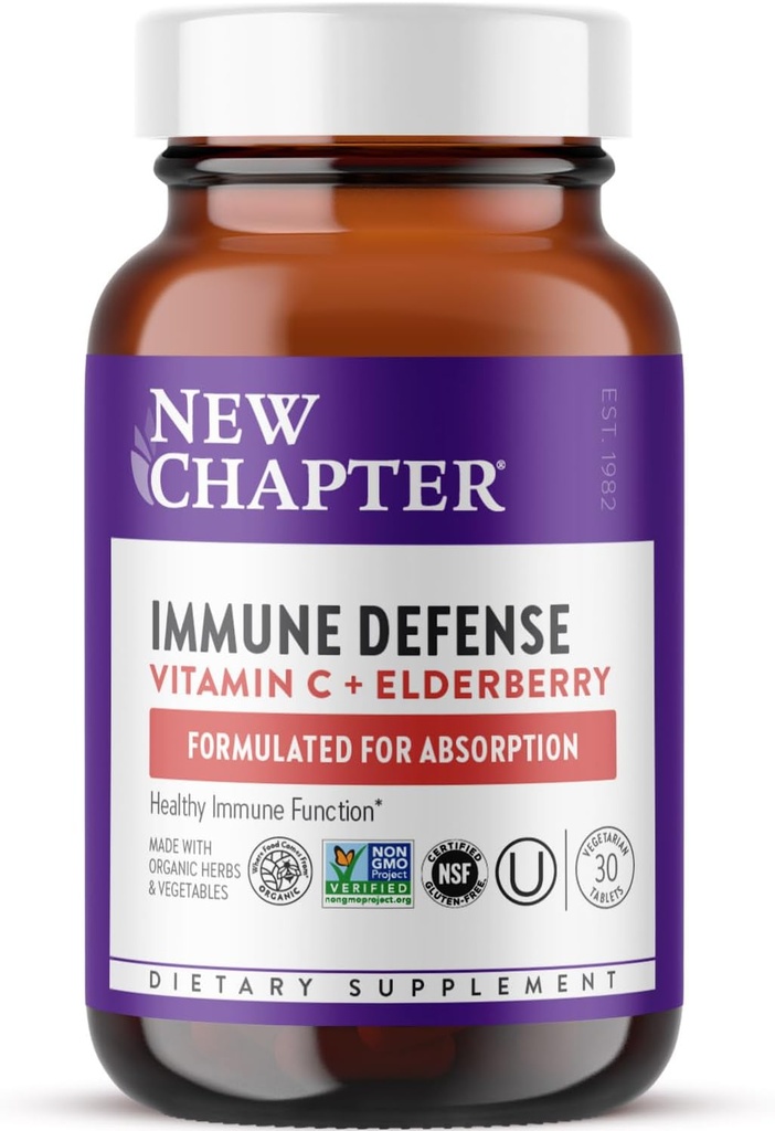 Nuevo Capítulo® Vitamina C Immune Defense Suplemento + Elderberry – Excelente fuente de vitamina C, una mesa diaria para el soporte de inmunológico saludable, hecho con hierbas orgánicas, no GMO, Gluten Free, 30 ct