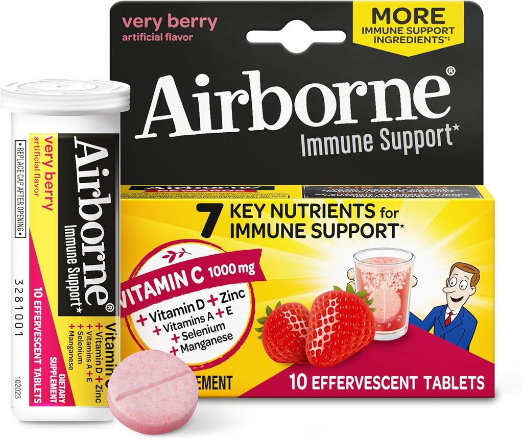 Vitamina C 1000mg (por servicio) - Airborne Very Berry Effervescent Tablets (10 Cuenta en una caja), Gluten-Free Immune Support Suplemento, con vitaminas A C E, ZINC, Selenium, Echinacea &amp; Ginger