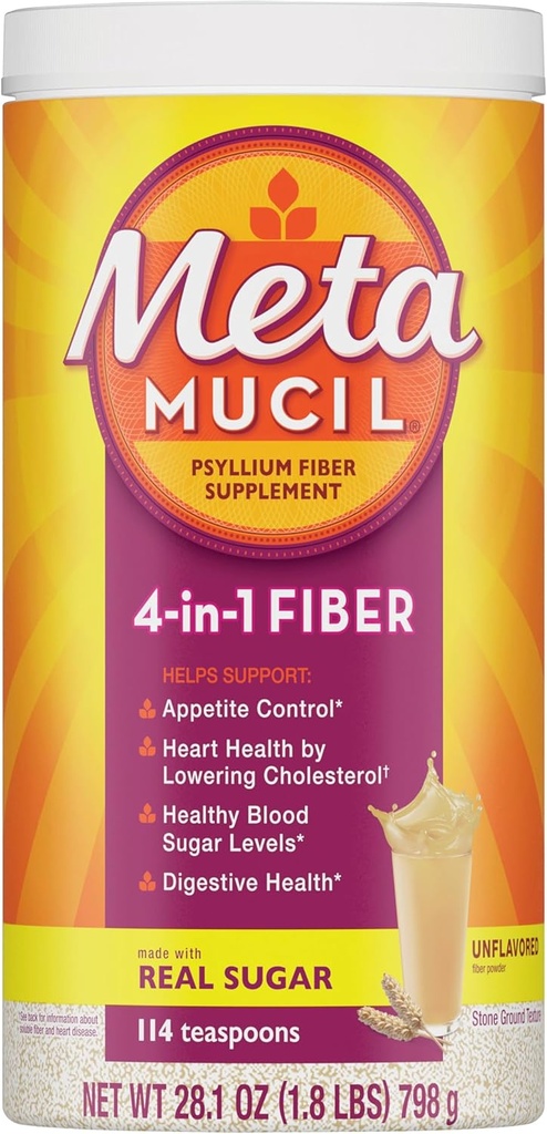 Metamucil, Psyllium Husk Powder, Unflavored Original Texture, with Sugar, 114 Servings, 4-in-1 Fiber Supplement, Daily Psyllium Husk Fiber Powder Ayuda Apoyo Digestive Health by Promoting Regularity*