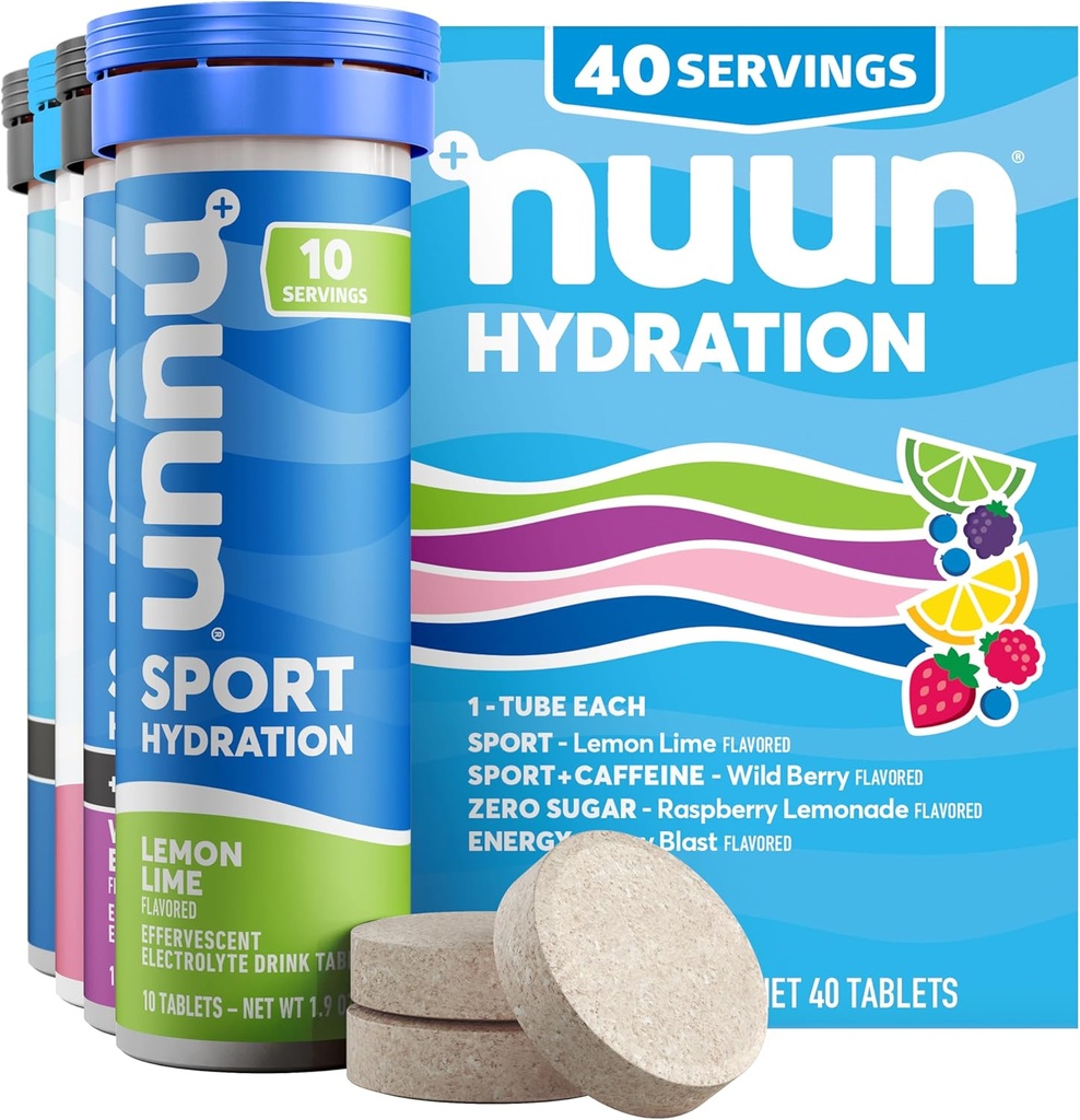 Nuun Hydration Electrolyte Tablets - Sodium, Potassium, Chloride, Calcium, Magnesium, 1g &amp; 0g Sugar Drink Mix TEN Vegan, Gluten Free, Non-GMO TEN Full Pack, Mixed Flavors, 4 Pack (40 Total Servings)