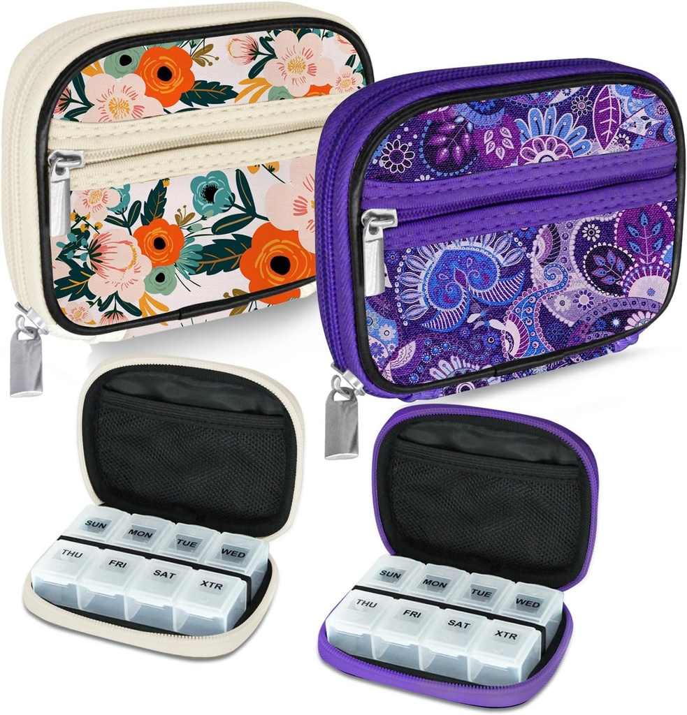 Serfeymi Caja de píldoras de viaje semanal para fines con caja extraíble de 7 días, caja de píldoras de viaje de moda Organizador de píldoras para la medicina, vitamina, suplemento - Bloom 01 + púrpura 01