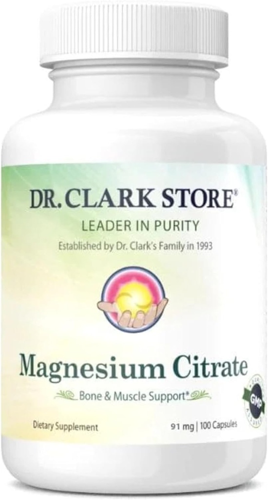 Dr. Clark Store Citrato de magnesio – 91mg, 100 cápsulas, apoya la producción de energía, la función de enzima " Sistema nervioso Salud