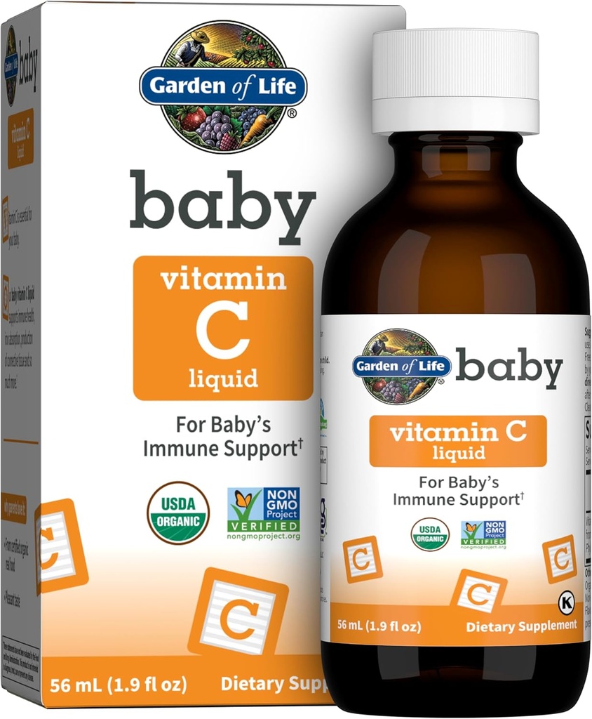 Jardín de la vida Baby Vitamina C gotas para bebés y niños pequeños, alimentos orgánicos enteros líquidos Vitamina C 45 mg Immune Soporte para bebés de Amla Fruit, Citrus Flavor, Vegan & Gluten Gratis, 56 mL (1.9 fl oz)