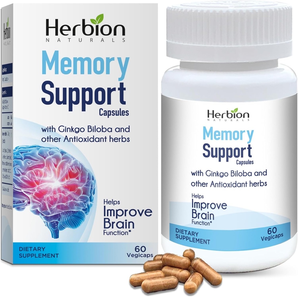 HERBION Naturals Memory Support Capsules, ayuda a mejorar la función cerebral " Absent Mindedness, mantiene niveles saludables de mood con Ginkgo Biloba, para adultos, 60 cuenta, paquete de 1