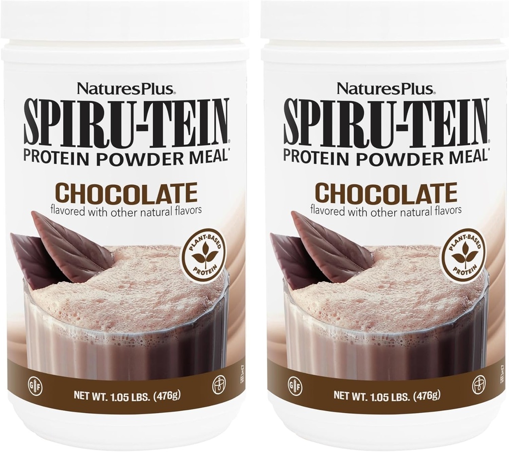 NaturesPlus SPIRU-TEIN, Chocolate - 1.05 lbs, Pack de 2 - Afeitado de proteína de base vegetal - No GMO, Vegetariano, Gluten Gratis - 34 Total Servings