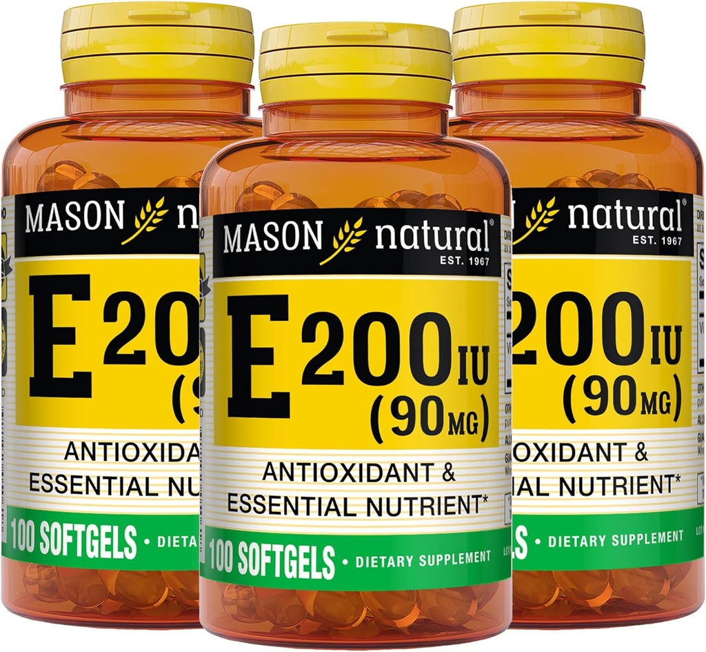 MASON NATURAL Vitamina E 90 mg (200 UI) - Antioxidante y Nutriente Esencial, Sistema de Inmunes Saludables, Esquía y Ojos, Suplemento completo del Cuerpo, 100 Softgels (Pack of 3)