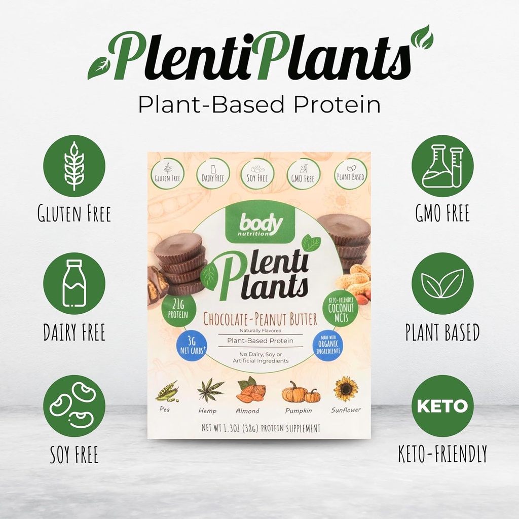 Cuerpo de Nutrición PlentiPlants Planta de polvo de proteína basada en plantas, Proteína libre de lácteos sin soja o ingredientes artificiales, afeitado de plantas orgánicas naturalmente saboreados, mantequilla de maní de chocolate, 38 g