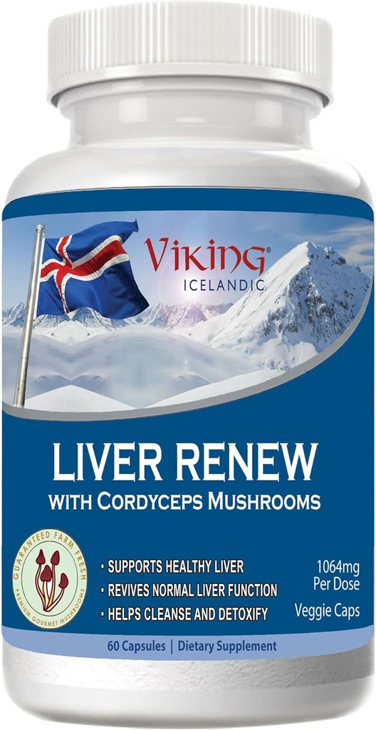 Viking Liver Renew Icelandic - Liver Health Support Formula - Comprehensive Mushroom Blend with Cordyceps, Reishi, Shitake, Lions Mane, Maitake and Chaga Mushrooms - 60 Veg Capsules