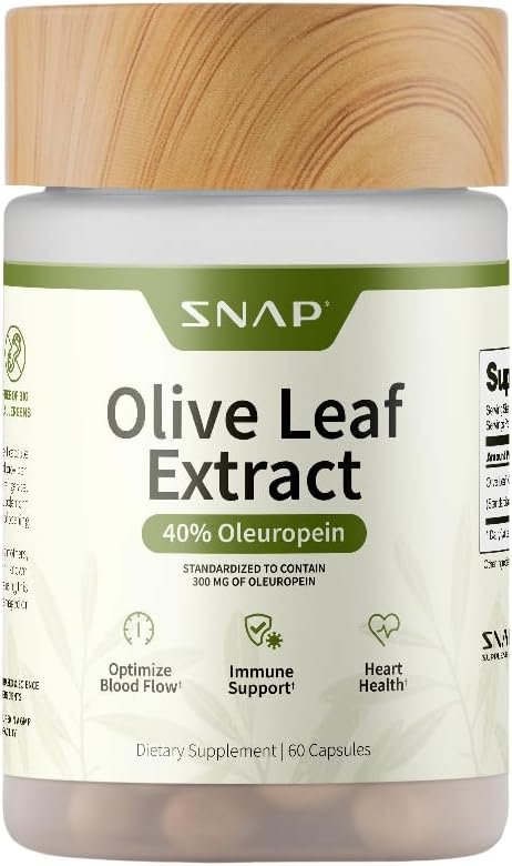 Snap Supplements Olive Leaf Extract Capsules - Super Strength 40% Oleuropein for Blood Flow Support, Mejorar la digestión, Antioxidante Boost, Suplemento Mejorar la función cerebral (60 cápsulas)