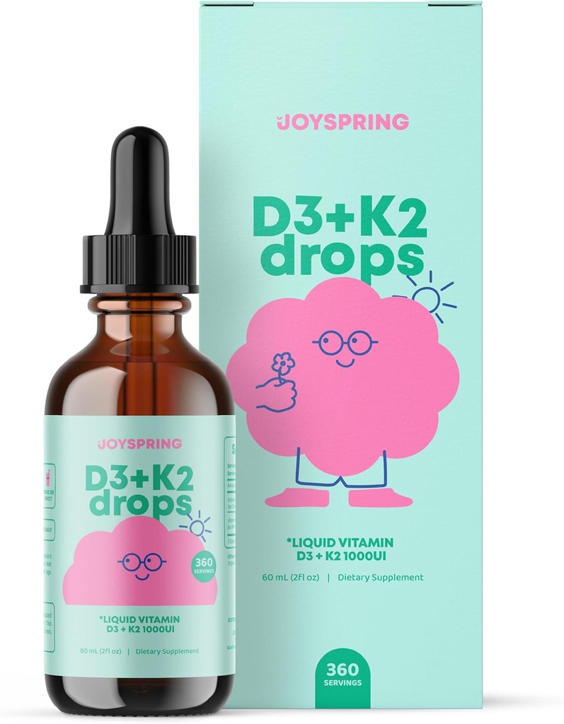 JoySpring Vitamin D3 Kids Drops with K2 – Liquid Supplement for Calcium Absorption & Joint Health – 360 Servings (2 fl oz) – Vitamin D Kids Ages 3-18