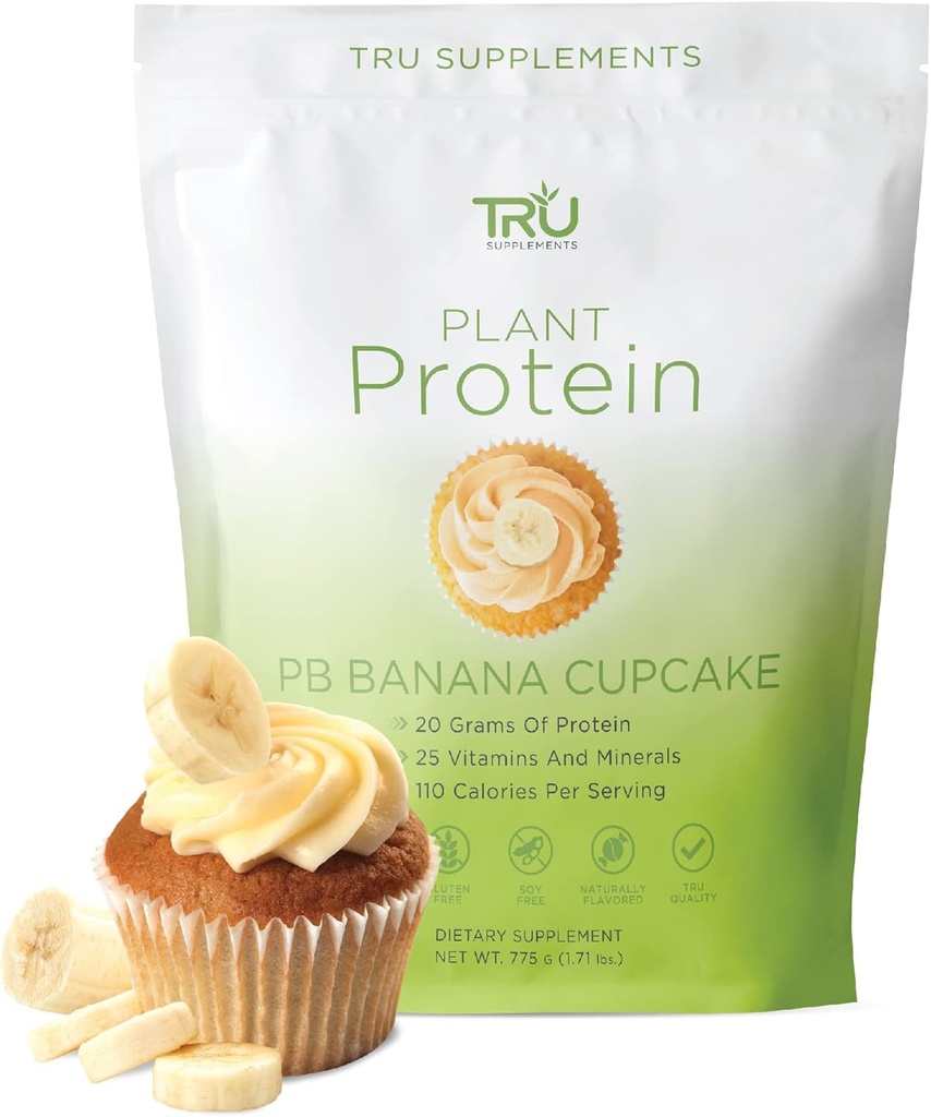 TRU planta base de polvo de proteínas, BCAA, EAA, 20g Vegan Brown Rice & Pea Protein, 100 calorías, 27 vitaminas, sin sabores artificiales 25 servidos (Peanut Butter Banana Cupcake)