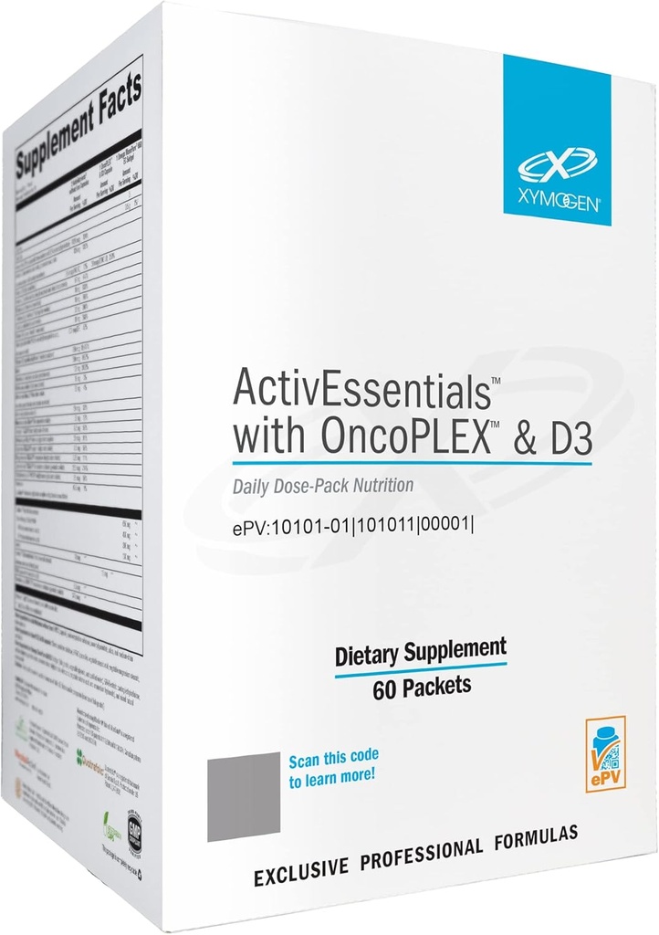 XYMOGEN ActivEsenciales con OncoPLEX " D3 - Daily Dose Pack Nutrition with 3 Supplements - ActivNutrients Multivitamin Without Iron, 2000 IU Vitamin D3 " Glucoraphanin, Omega-3 Fish Oil (60 Packets)
