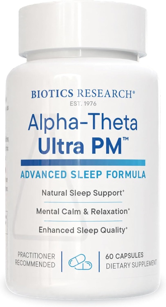 Biotics Research Alpha Theta Ultra PM L Theanine, Passionflower, Lemon Balm, Supports GABA, Serotonin, Regulates Circadian Rhythms, 60 cápsulas