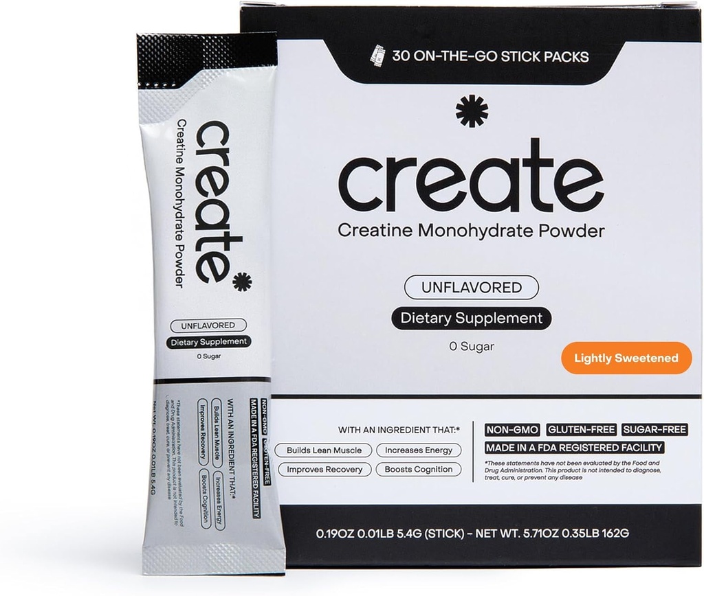 Create Single Serve Creatine Monohydrate Powder – 5g Creapure Creatine | Redefining Strength, Energy & Recovery | Sugar-Free, Vegan, Non-GMO | Unflavored, Lightly Sweetened, 0 Calories | 30 Packets