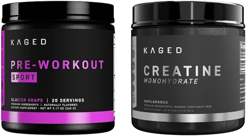 Kaged Pre Sport Pre Workout Powder Glacier Grape Creatine Monohydrate Micronized Powder Bundle, Energy &amp; Muscle Recovery Supplement Pack, 20 Servings Pre-Workout + 100 Servings Creatin