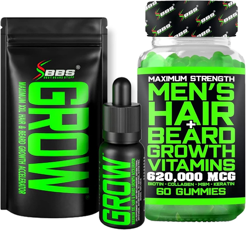 Kit de crecimiento de la barba w / crecimiento de la barba XXL aceite / suero para el crecimiento del cabello facial para hombres + fuerza máxima 620,000mcg 14 en-1 BIOTIN Facial Crecimiento del cabello Vitaminas para hombres - Formulado en América