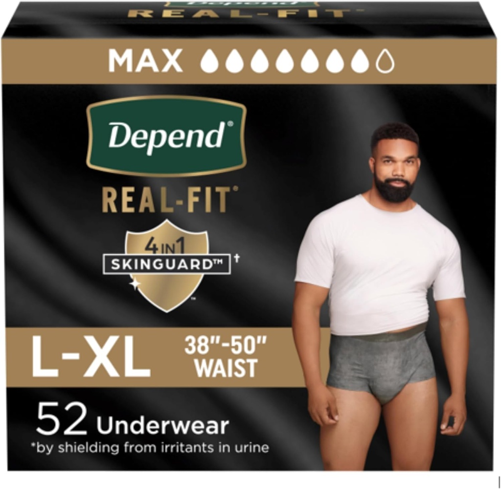 Dependido Real Fit Adult Diapers, Ropa interior de Incontinencia para Hombres, Absorbencia Máxima, Grande/Extra Grande, 52 Cuenta (2 Packaging May Vary