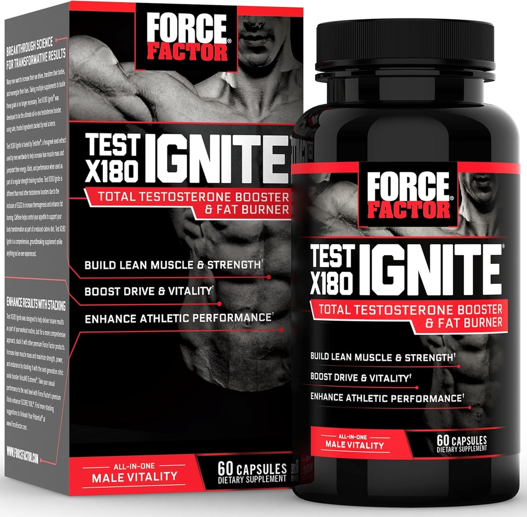 Prueba FACTOR X180 Ignite Booster total de testosterona para Hombres con semillas fenugreek y té verde Extracto para construir músculo magro, energía superior y mejorar el rendimiento, 60 cuenta