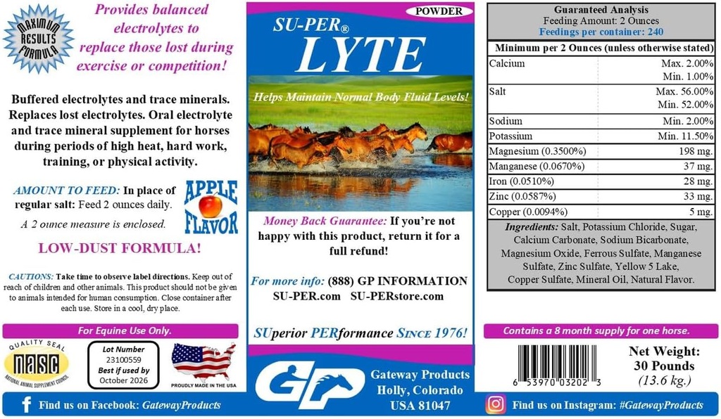 SU-PER Lite Horse Electrolyte Supplement - Helps Maintain Normal Body Fluid Levels - Performance Horse Minerals & Electrolytes Replacement - 30 libras, 8 meses de suministro