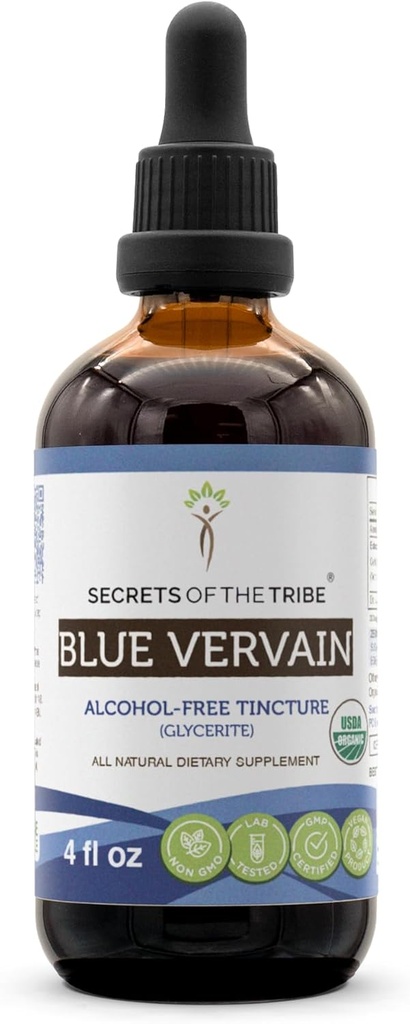 Secretos de la Tribu Azul Vervain USDA Orgánica TENIDO Extracto libre de alcohol, gotas herbales de alta potencia ← Hecho de 100% Certificado Azul Azul Azul Azul Vervain (Verbena Hastata) Herb seco (4 oz)