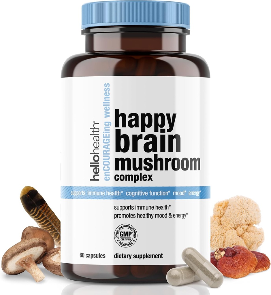 Happy Brain Mushroom Complex Nootropics Brain Support Supplement, 10 Mushroom Supplement: Lions Mane, Turkey Tail, Red Reishi, Shiitake Mushrooms for Improved Clarity, Energy, Immune Support 60ct. 4pk