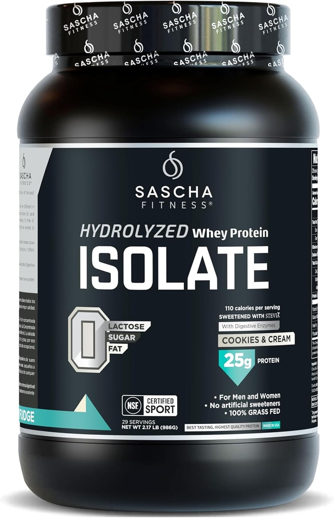 SASCHA FITNESS Hydrolyzed Whey Protein Isolate,100% Grass-Fed (2 Pounds, Cookies & Cream)