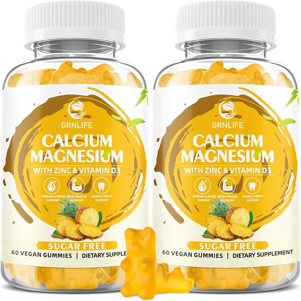 Calcium Magnesium Zinc Gummies with Vitamin D3, Sugar Free Calcium Gummies for Women Men, High Potency Magnesium for Bone & Muscle & Immune Health, Pineapple Flavor - 120 Count
