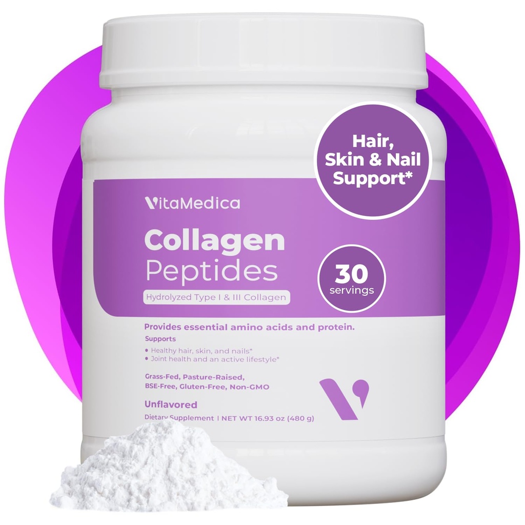 VitaMedica Collagen Peptides Polvo para Hombres de Mujer - Pelo sano, Esquí, uñas, huesos y articulaciones - Tipos hidrolizados I ' III, Hecho de hierba, Proteína de pasto, Azúcar Cero - 30 Servimientos