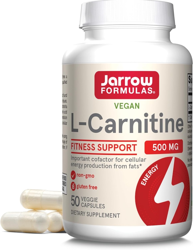 Jarrow Fórmulas® L-Carnitina 500 mg, Suplemento dietético, Apoyo a la Producción Celular de Energía, 50 cápsulas vegetales, 50 días de suministro