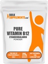 BulkSupplements.com Puro Vitamina B12 Polvo - como Cianocobalamina, Suplementos de vitamina B, Cianocobalamina B12 Suplemento - Producto puro, Múltiples Serviciones, 25g (0.88 oz) (Pack de 1)