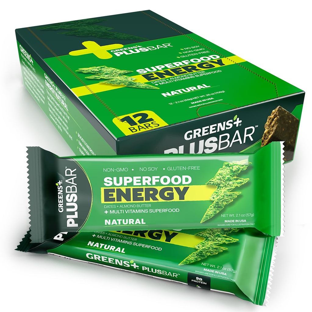 Greens+ Plusbar Energy, Natural, Snack sin gluten con Super Greens, Superfoods &amp; Almond Butter, Vegan, sin lácteos, no GMO, 10g Protein Meal Reemplazo, 12 Pack