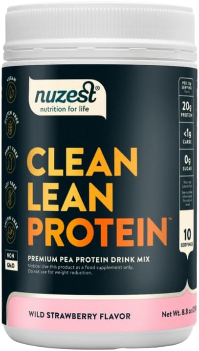 Nuzest - Pea Vegan Protein Powder - Limpio Lean Protein, Pólvora de proteínas de base vegetal, libre de lácteos, libre de gluten, libre de GMO, afeitado de proteínas, fresa silvestre, 10 serviendo, 8,8 oz
