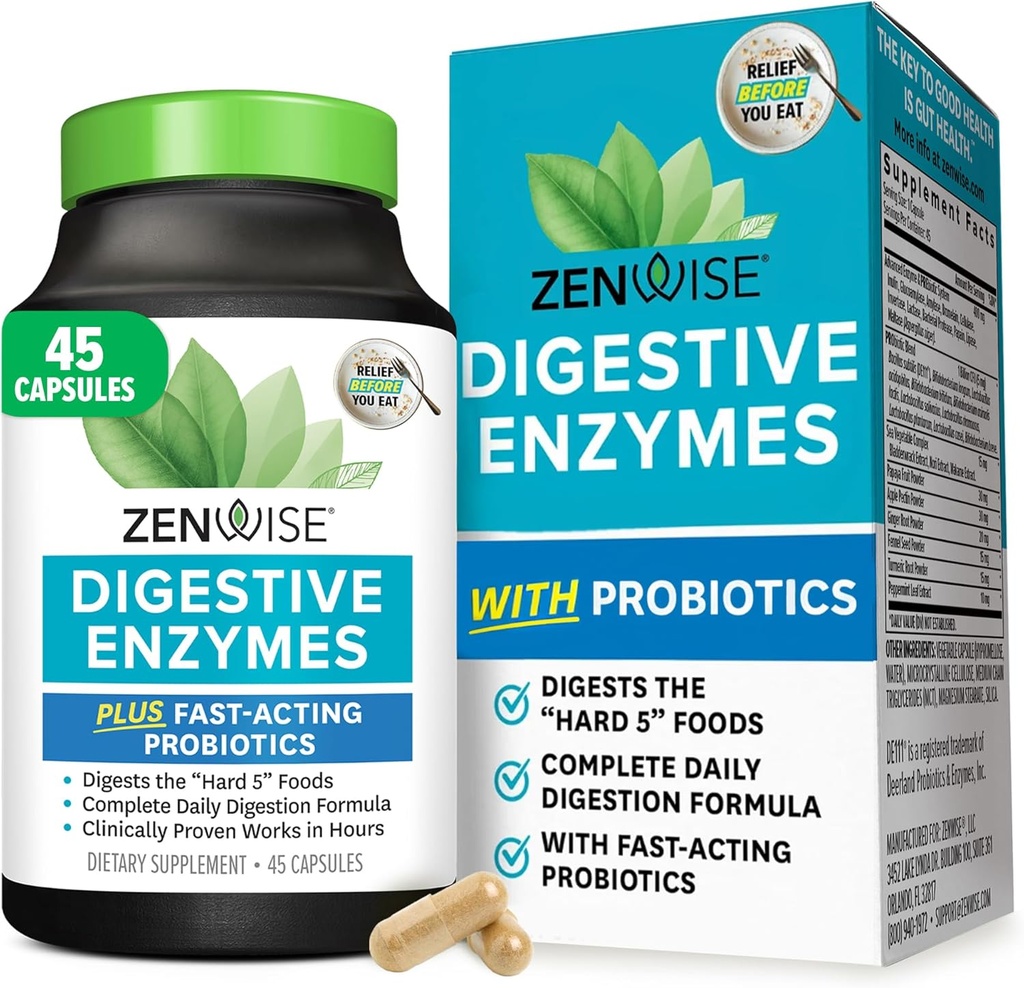Zenwise Health Digestive Enzymes for Gut Health & Bloating Relief - Multi Enzymes Digestion Supplement with Probiotics, Bromelain " Papaya for Digestive Health Support - Men " Women - 45 Count