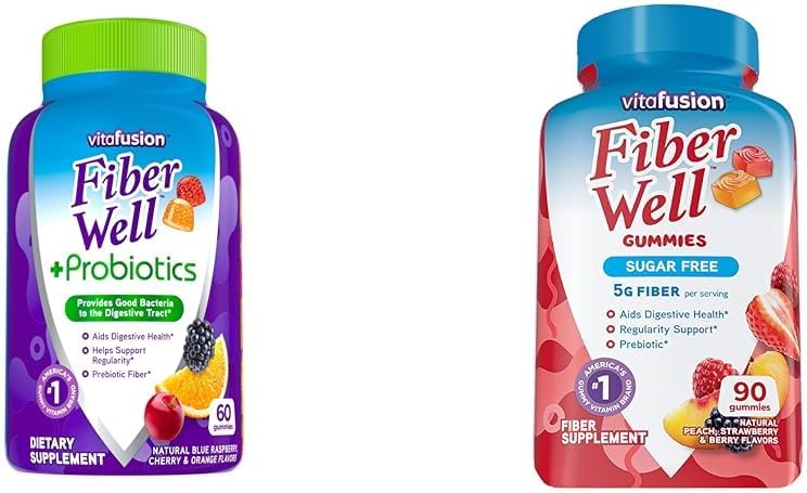 Vitafusion Fiber Well + Probióticos Gummies para Adultos, 60 Condes Gummies de Fibra Libre de Azúcar, 90 Condes