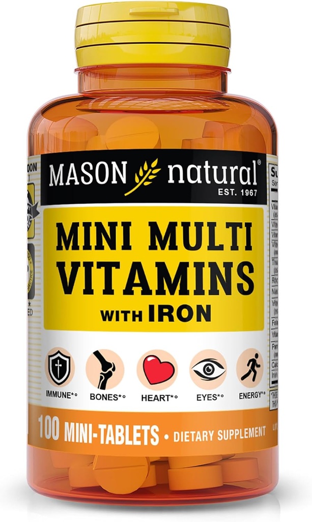 MASON NATURAL Daily Mini Multi Vitaminas con Hierro, Vitaminas A, C, D, E, B1, B2, B3, B6, B12, Folate &amp; Calcio, 100 Day Supply (1 Pack)
