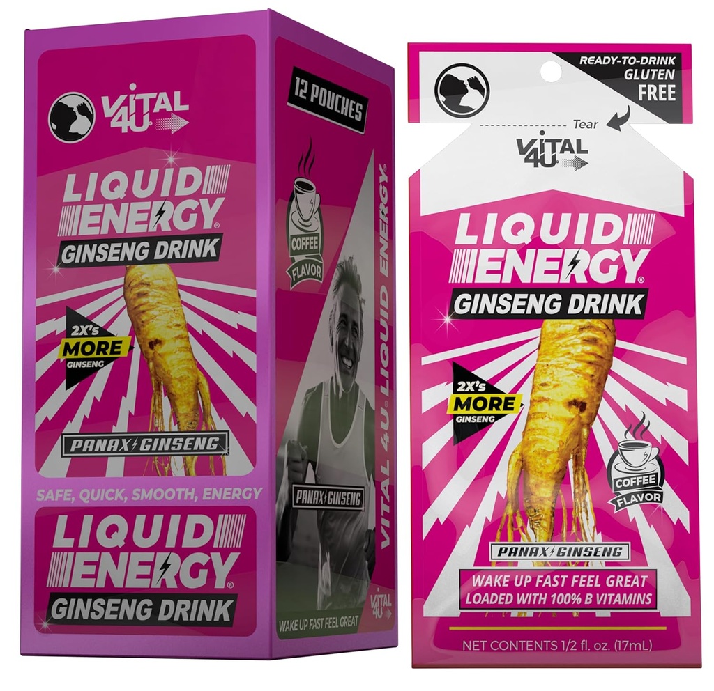 Vital 4U® Liquid Energy Shot - Ginseng, B Vitaminas, Naturalmente Endulzado, Café Flavor, 24 ct
