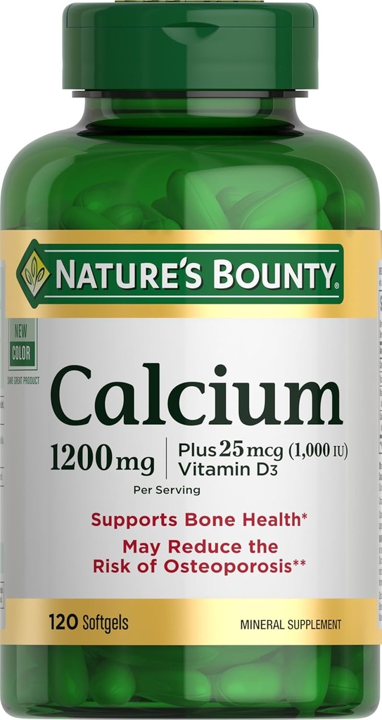 Nature's Bounty Calcium 1200 mg with 1000 IU Vitamin D3 - Bone Health Softgels, Calcium and Vitamin D Supplement, Gluten Free, 2 Softgels per Day, 120 ct (Pack of 1)