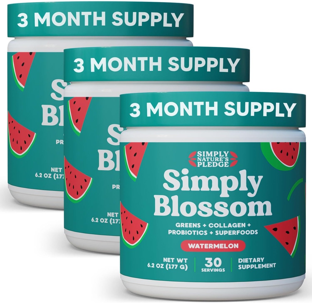 Sencillamente Blossom Nutrition Daily Greens " Superfood Powder + Collagen + Probiotics for Women's Digestive Health " Bloating Relief. Ayuda a su salud Bloom - 3 meses fuente - Watermelon