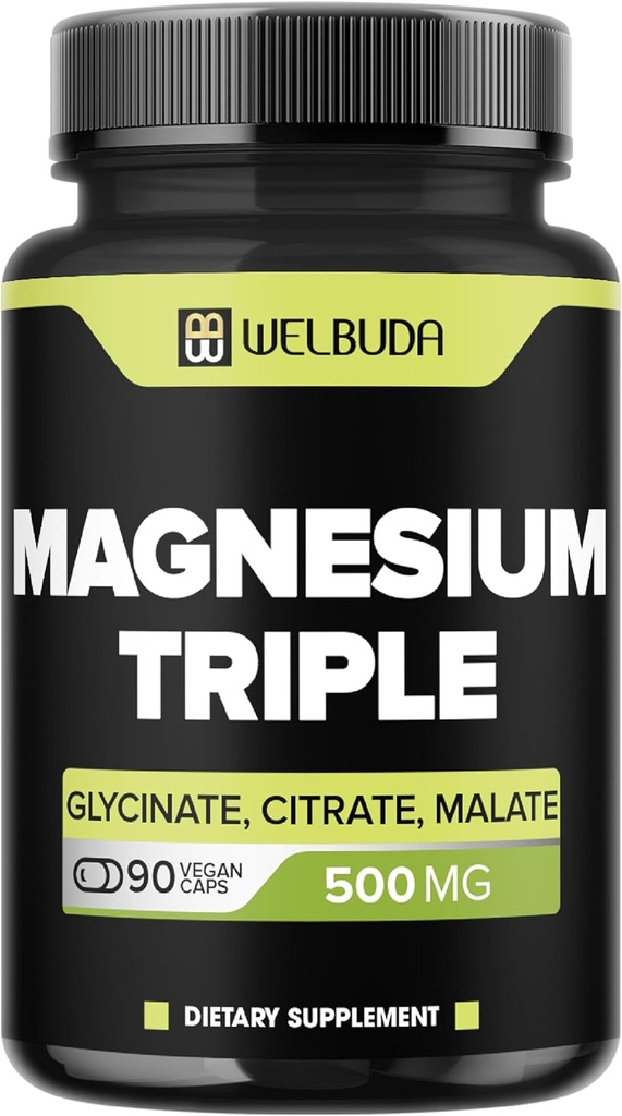 20% Complejo Triple de Magnesio Purificado - 500 mg de Glycinate de Magnesio, Malate " Citrato para los músculos, Mood cómodo y producción de energía - 90 cápsulas - Proporcionando 100 mg de magnesio triple elemental