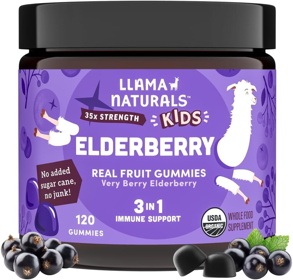 Llama Naturals Gummies de arándano para niños, Vegan, Orgánica Immune Support Suplemento con Vitamina C y Zinc, Toddler Real Fruit Gummy Vitaminas para la Inmunidad, Chewable, No Añadido caña de azúcar, 120 Ct