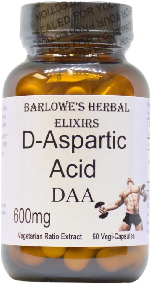 Barlowe's Herbal Elixirs D-Aspartic Acid Supplement TEN DAA Silencio 600 mg Per Capsule ← 60 Veggie Capsules ← Athletic Performance TEN Stearate Free ANTE Glass Bottle