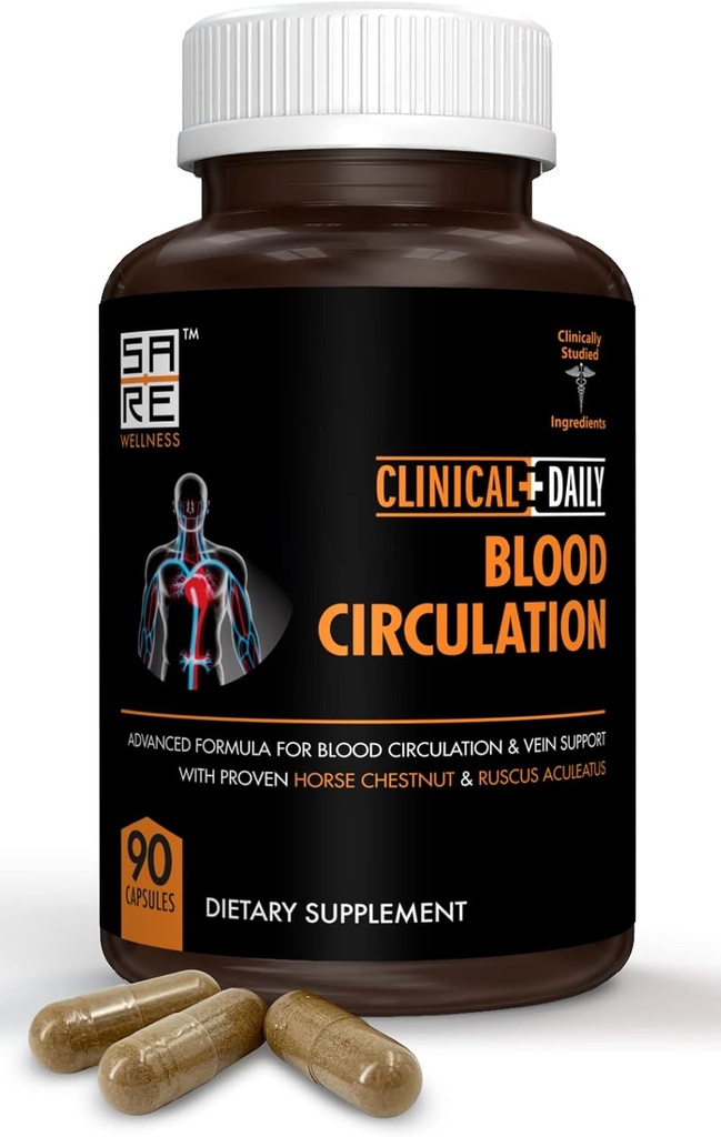 Clinical Daily Blood Circulation Supplement. Butchers Broom, Horse Chestnut, Cayenne, L-Arginine, Diosmin. Herbal Varicose Vein Treatment. Poor Circulation and Vein Support. 90 Capsules