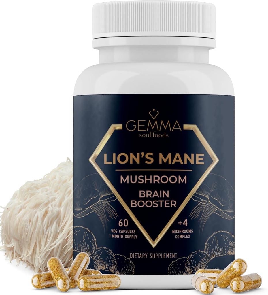 Gemma Soul Foods Organic Lion's Mane Mushroom Complex - Non-GMO Lions Mane Suplemento No Tropic Chaga Shiitake y Reishi Focus Suplemento 60 Caps