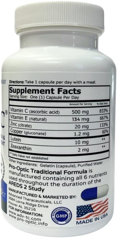 Pro-Optic Traditional Formula Eye Supplement - AREDS 2 Based Vision Support for Adults 50+ - 30 Capsules, 1-Month Supply - Lutein 10mg, Zeaxanthin 2mg