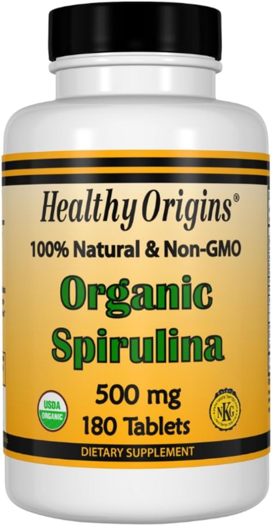 Orígenes saludables Spirulina, 500 mg (Orgánica) - Tabla de espirulina orgánica con vitamina A &amp; vitamina B12 - Kosher certificado - Vegan, no GMO, y píldora de espirulina libre de gluten - 180 tabletas